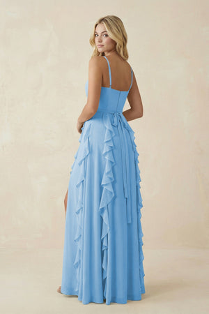 Tiered Ruffle A - Line Chiffon Bridesmaid Dress in Steel Blue - KissProm Bridesmaid Dresses