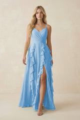 Tiered Ruffle A - Line Chiffon Bridesmaid Dress in Steel Blue - KissProm Bridesmaid Dresses