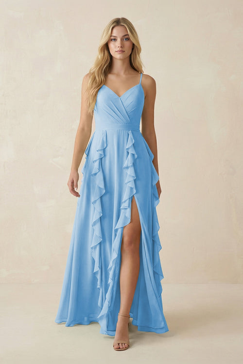 Tiered Ruffle A - Line Chiffon Bridesmaid Dress in Steel Blue - KissProm Bridesmaid Dresses