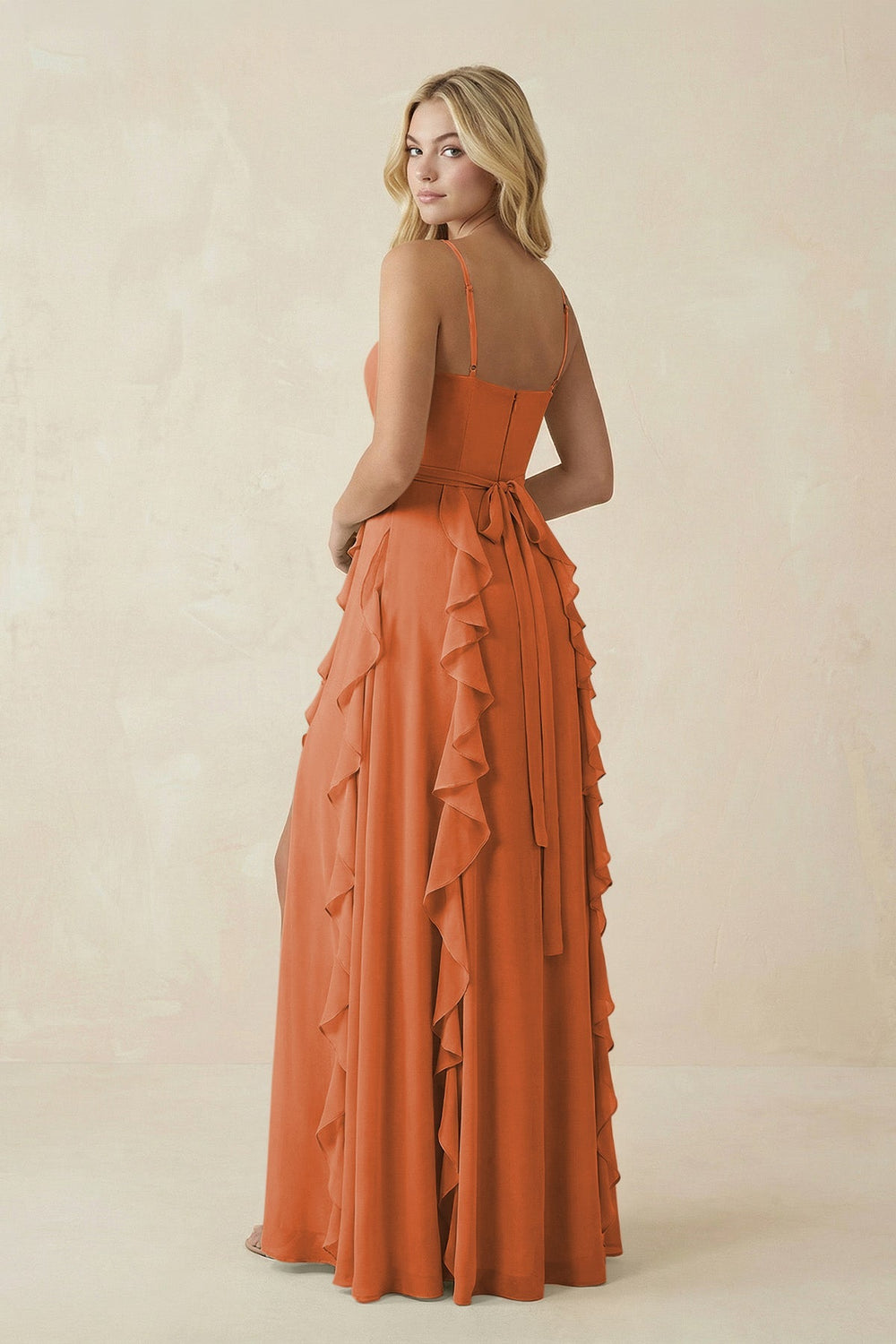 Tiered Ruffle A - Line Chiffon Bridesmaid Dress in Terracotta - KissProm Bridesmaid Dresses
