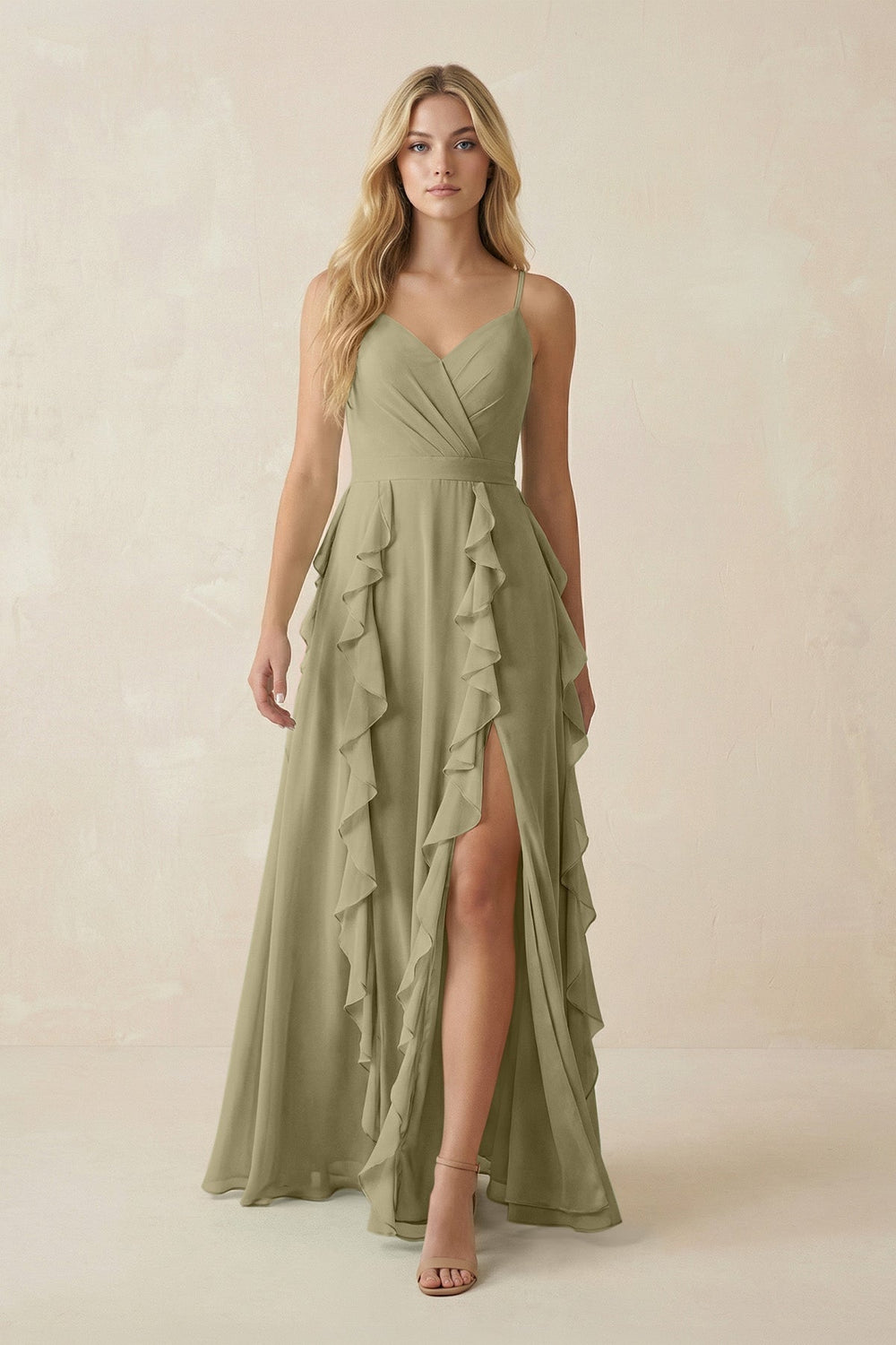 Tiered Ruffle A - Line Chiffon Bridesmaid Dress in Thyme - KissProm Bridesmaid Dresses
