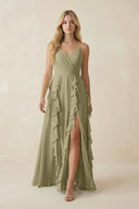 Tiered Ruffle A - Line Chiffon Bridesmaid Dress in Thyme - KissProm Bridesmaid Dresses
