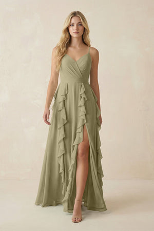 Tiered Ruffle A - Line Chiffon Bridesmaid Dress in Thyme - KissProm Bridesmaid Dresses