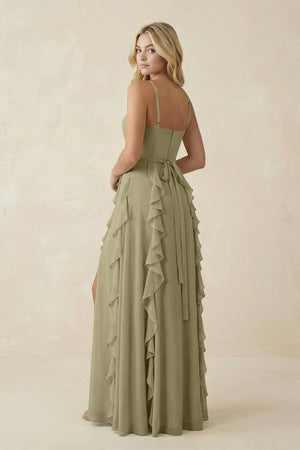 Tiered Ruffle A - Line Chiffon Bridesmaid Dress in Thyme - KissProm Bridesmaid Dresses