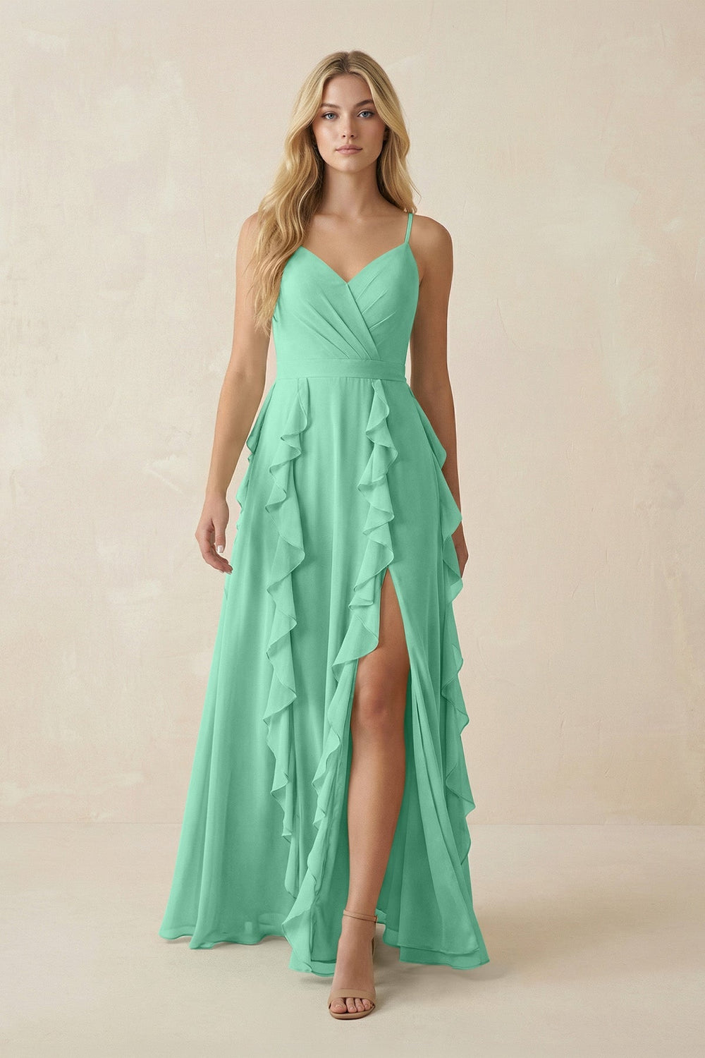 Tiered Ruffle A - Line Chiffon Bridesmaid Dress in Turquoise - KissProm Bridesmaid Dresses