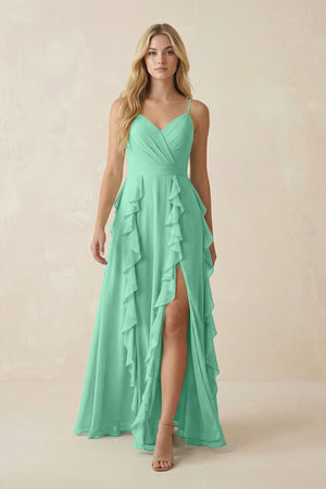 Tiered Ruffle A - Line Chiffon Bridesmaid Dress in Turquoise - KissProm Bridesmaid Dresses