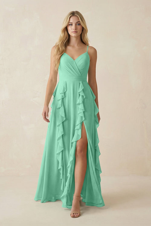 Tiered Ruffle A - Line Chiffon Bridesmaid Dress in Turquoise - KissProm Bridesmaid Dresses