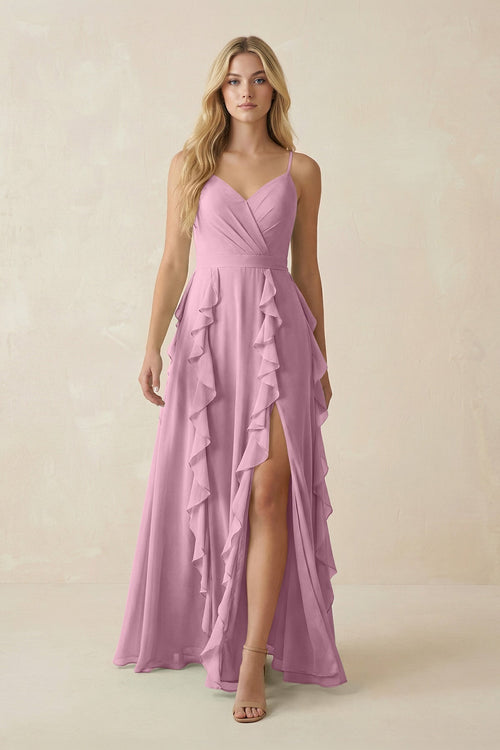 Tiered Ruffle A - Line Chiffon Bridesmaid Dress in Vintage Mauve - KissProm Bridesmaid Dresses
