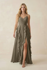 Tiered Ruffle A - Line Chiffon Bridesmaid Dress in Willow Green - KissProm Bridesmaid Dresses