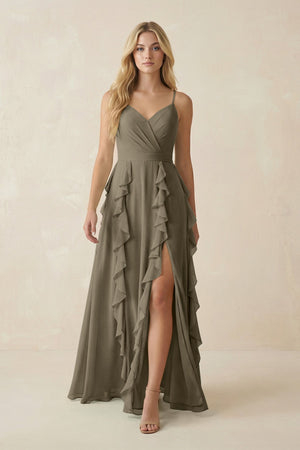 Tiered Ruffle A - Line Chiffon Bridesmaid Dress in Willow Green - KissProm Bridesmaid Dresses