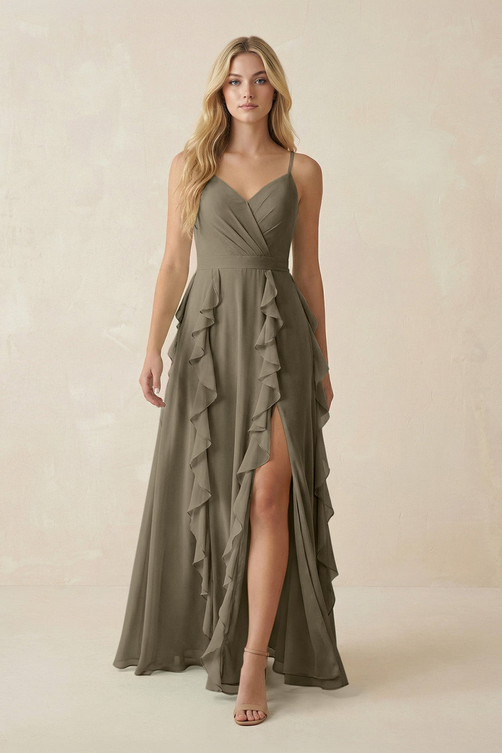 Tiered Ruffle A - Line Chiffon Bridesmaid Dress in Olive - KissProm Bridesmaid Dresses