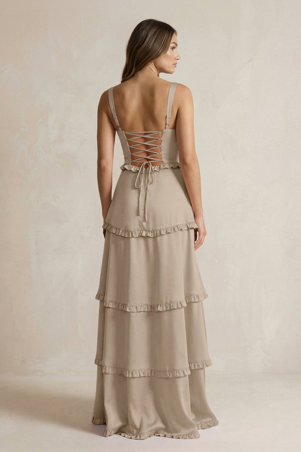 Tiered Ruffled A - Line Bridesmaid Dress With Slit in Almond - KissProm Bridesmaid Dresses