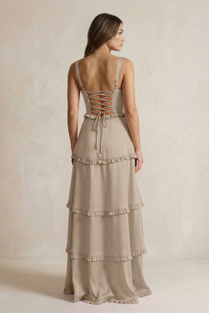 Tiered Ruffled A - Line Bridesmaid Dress With Slit in Almond - KissProm Bridesmaid Dresses