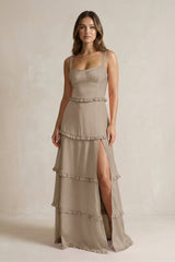 Tiered Ruffled A - Line Bridesmaid Dress With Slit in Almond - KissProm Bridesmaid Dresses