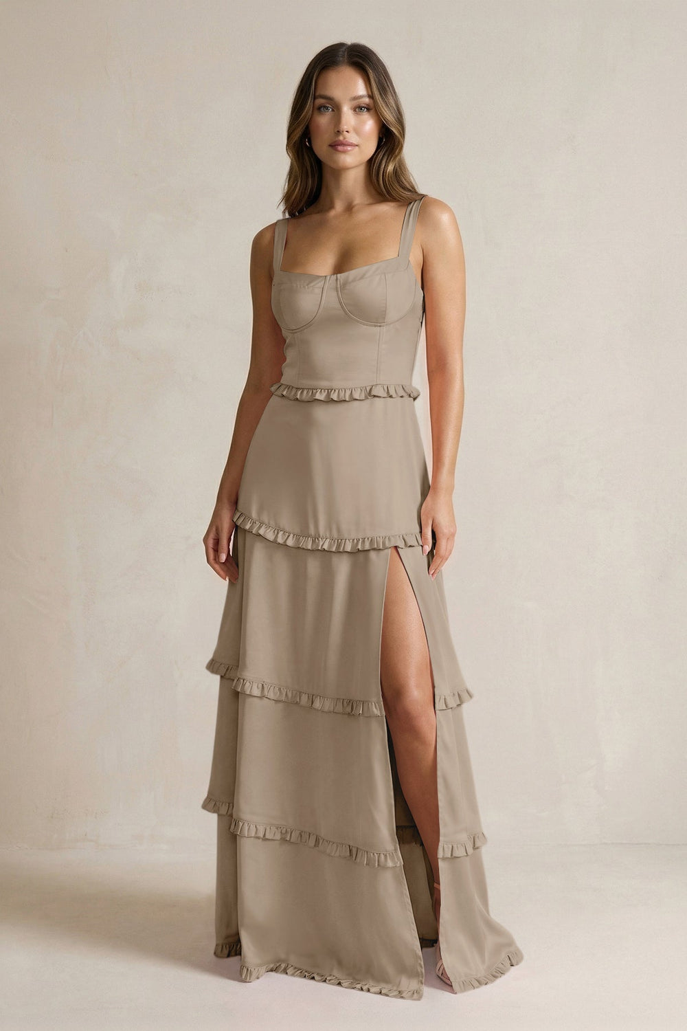 Tiered Ruffled A - Line Bridesmaid Dress With Slit in Almond - KissProm Bridesmaid Dresses