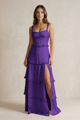 Tiered Ruffled A - Line Bridesmaid Dress With Slit in Amethyst - KissProm Bridesmaid Dresses