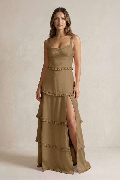 Tiered Ruffled A - Line Bridesmaid Dress With Slit in Apple Cinnamon - KissProm Bridesmaid Dresses