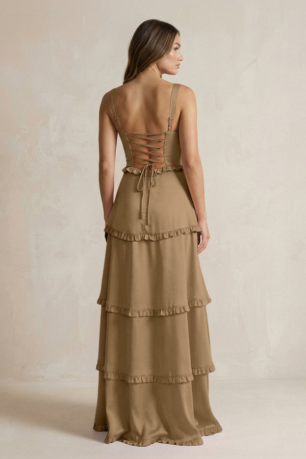 Tiered Ruffled A - Line Bridesmaid Dress With Slit in Apple Cinnamon - KissProm Bridesmaid Dresses