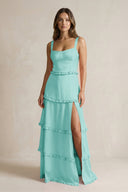 Tiered Ruffled A - Line Bridesmaid Dress With Slit in Aqua - KissProm Bridesmaid Dresses