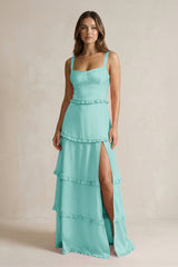 Tiered Ruffled A - Line Bridesmaid Dress With Slit in Aqua - KissProm Bridesmaid Dresses