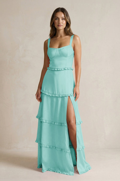 Tiered Ruffled A - Line Bridesmaid Dress With Slit in Aqua - KissProm Bridesmaid Dresses