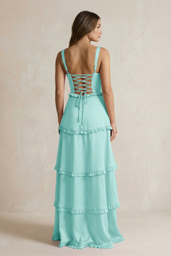 Tiered Ruffled A - Line Bridesmaid Dress With Slit in Aqua - KissProm Bridesmaid Dresses
