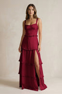 Tiered Ruffled A - Line Bridesmaid Dress With Slit in Berry - KissProm Bridesmaid Dresses