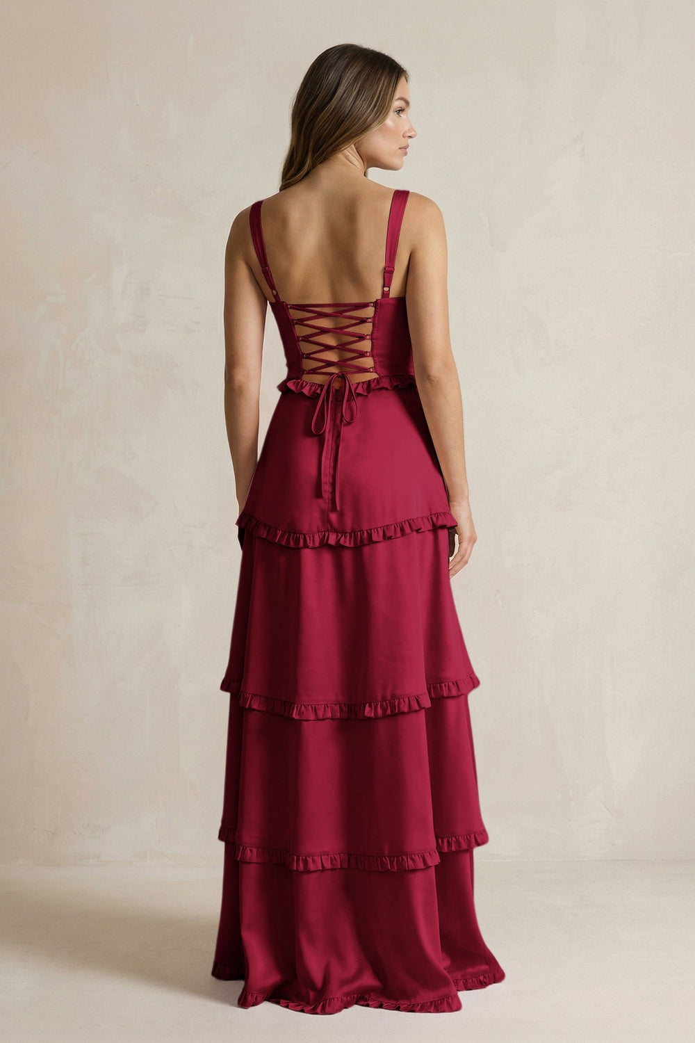 Tiered Ruffled A - Line Bridesmaid Dress With Slit in Berry - KissProm Bridesmaid Dresses