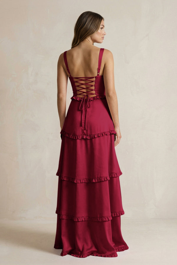 Tiered Ruffled A - Line Bridesmaid Dress With Slit in Berry - KissProm Bridesmaid Dresses
