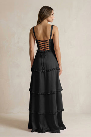 Tiered Ruffled A - Line Bridesmaid Dress With Slit in Black - KissProm Bridesmaid Dresses