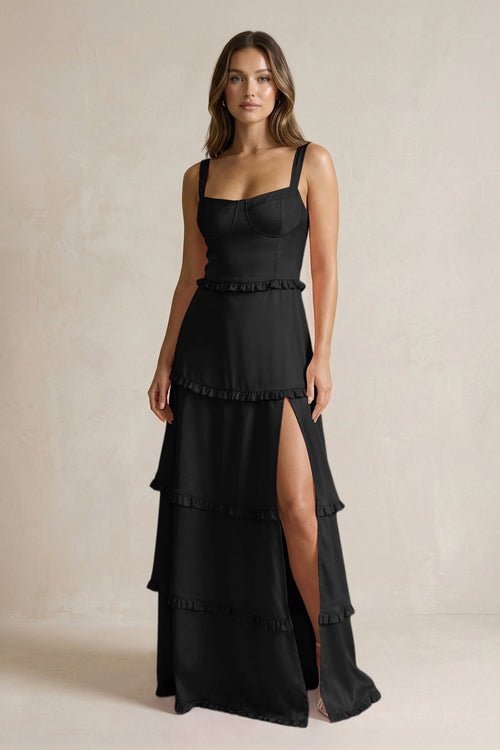 Tiered Ruffled A - Line Bridesmaid Dress With Slit in Black - KissProm Bridesmaid Dresses