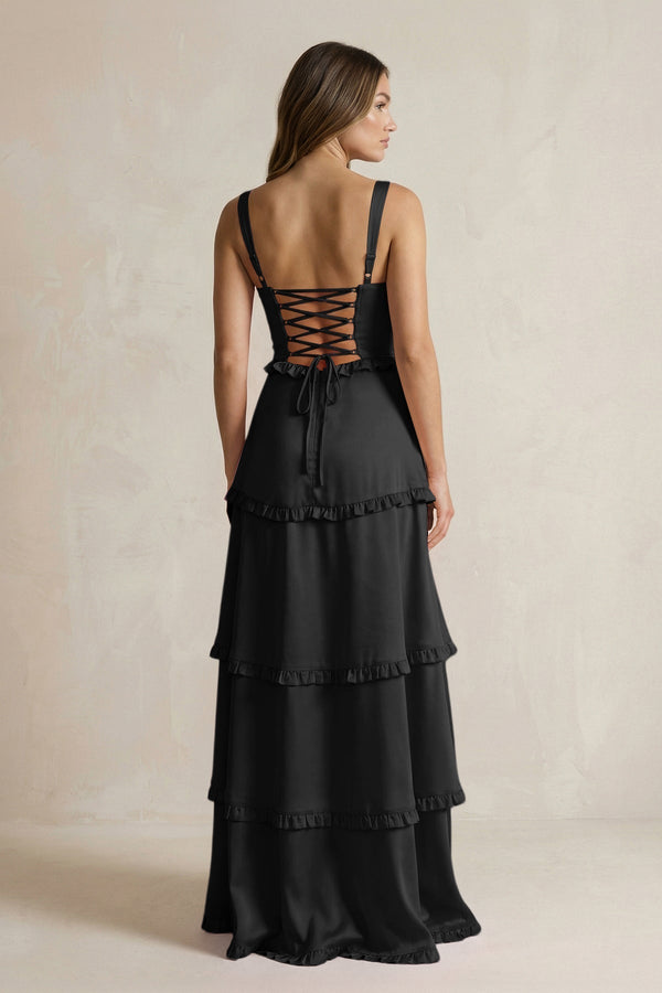 Tiered Ruffled A - Line Bridesmaid Dress With Slit in Black - KissProm Bridesmaid Dresses