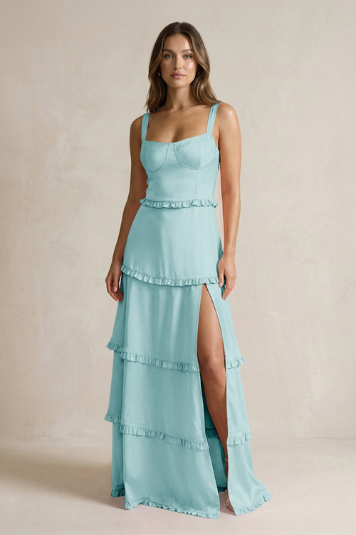 Tiered Ruffled A - Line Bridesmaid Dress With Slit in Bleached Aqua - KissProm Bridesmaid Dresses