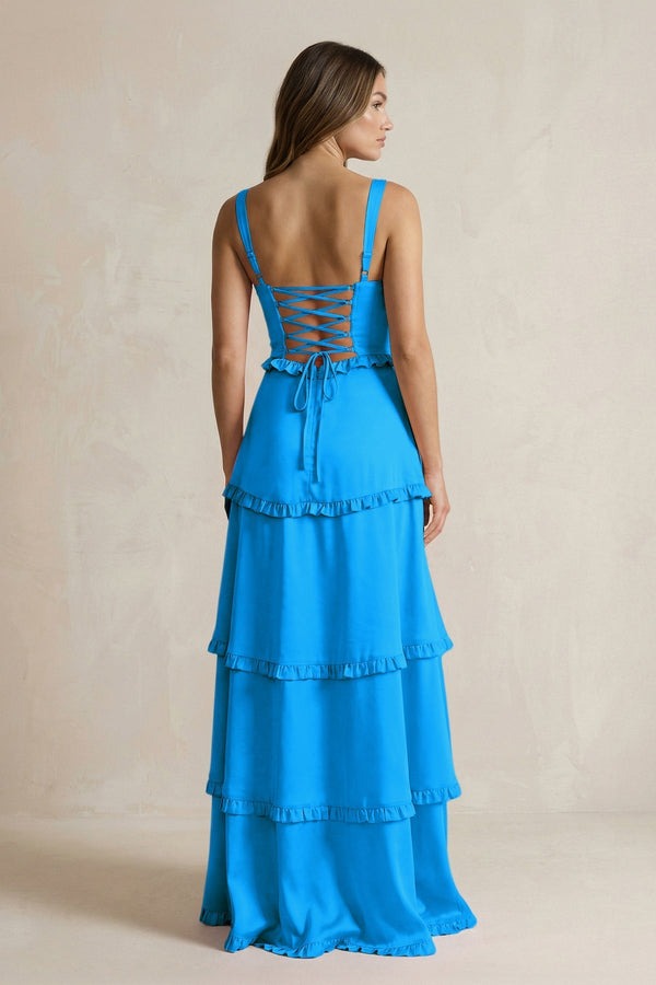 Tiered Ruffled A - Line Bridesmaid Dress With Slit in Blue Jay - KissProm Bridesmaid Dresses