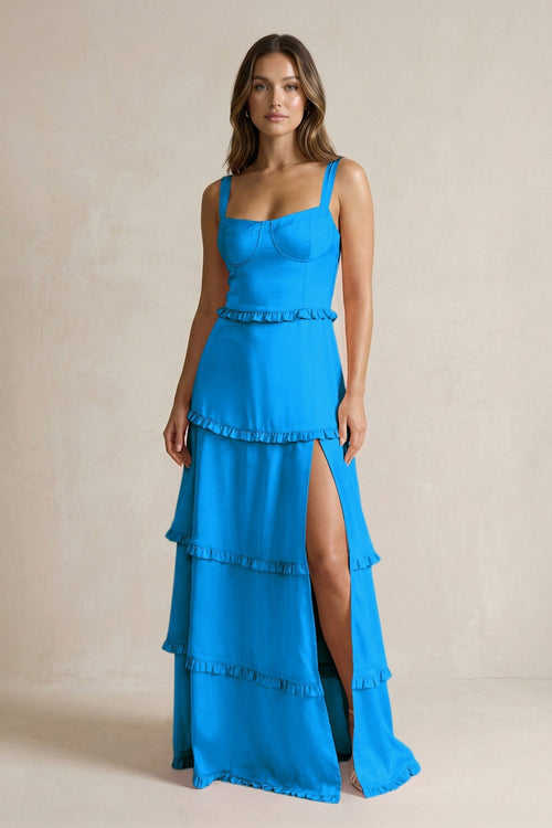 Tiered Ruffled A - Line Bridesmaid Dress With Slit in Blue Jay - KissProm Bridesmaid Dresses