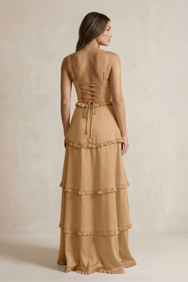 Tiered Ruffled A - Line Bridesmaid Dress With Slit in Bronzer - KissProm Bridesmaid Dresses