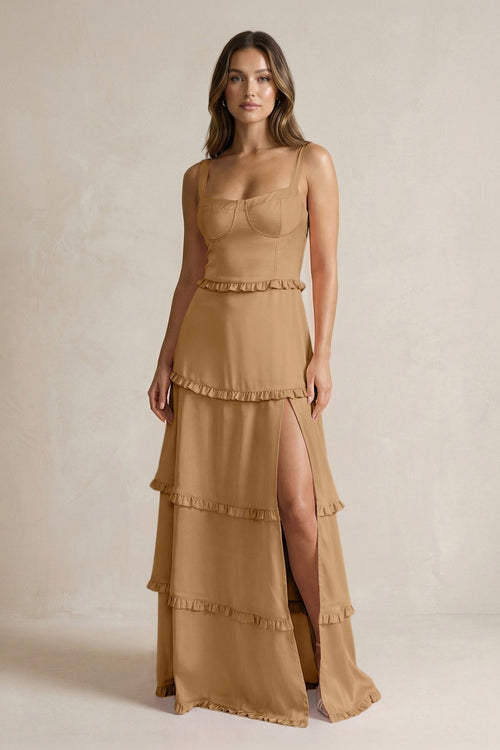 Tiered Ruffled A - Line Bridesmaid Dress With Slit in Bronzer - KissProm Bridesmaid Dresses