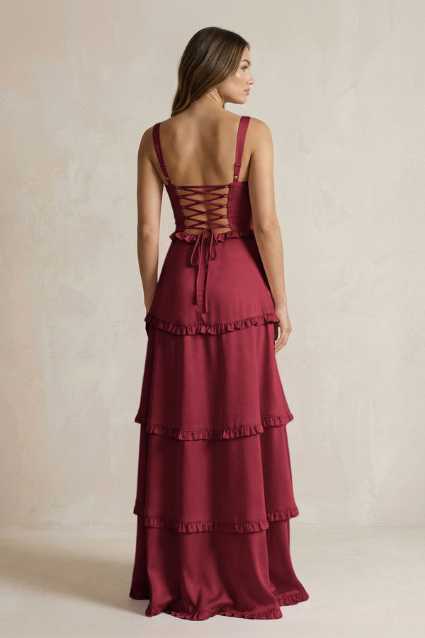Tiered Ruffled A - Line Bridesmaid Dress With Slit in Burgundy - KissProm Bridesmaid Dresses
