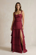Tiered Ruffled A - Line Bridesmaid Dress With Slit in Burgundy - KissProm Bridesmaid Dresses