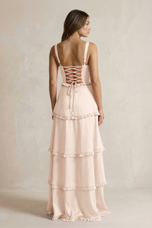 Tiered Ruffled A - Line Bridesmaid Dress With Slit in Buttercream - KissProm Bridesmaid Dresses
