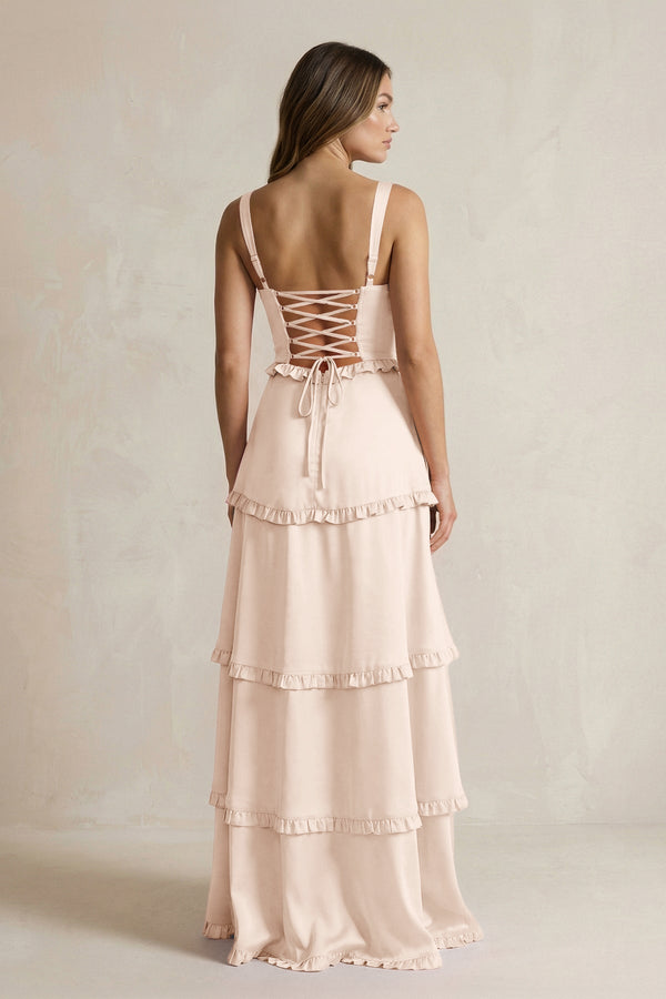 Tiered Ruffled A - Line Bridesmaid Dress With Slit in Buttercream - KissProm Bridesmaid Dresses