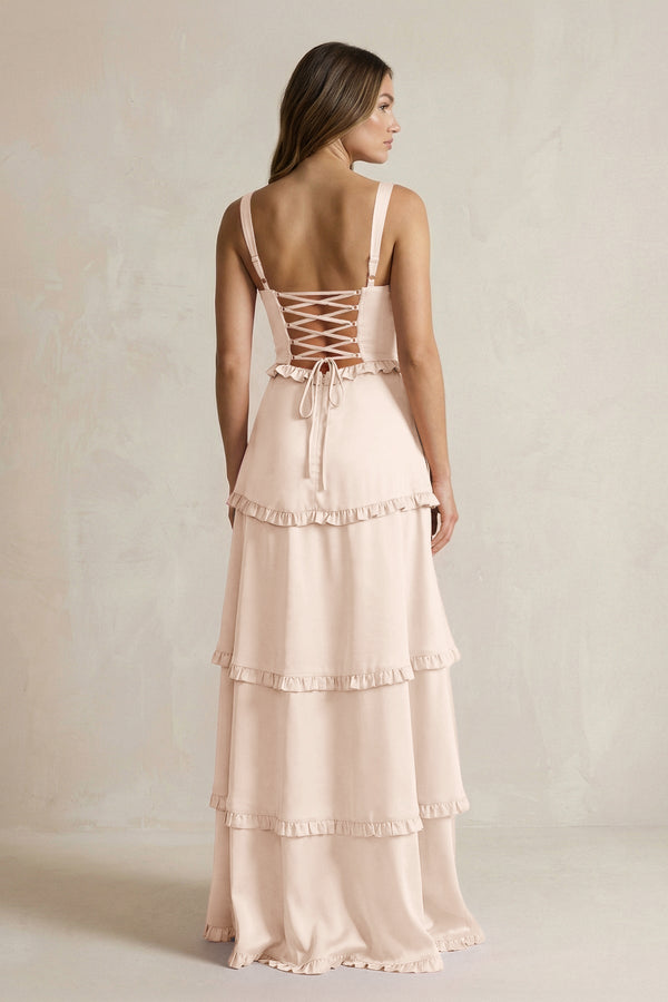 Tiered Ruffled A - Line Bridesmaid Dress With Slit in Buttercream - KissProm Bridesmaid Dresses