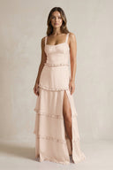 Tiered Ruffled A - Line Bridesmaid Dress With Slit in Buttercream - KissProm Bridesmaid Dresses