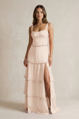 Tiered Ruffled A - Line Bridesmaid Dress With Slit in Buttercream - KissProm Bridesmaid Dresses