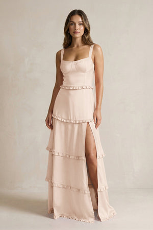 Tiered Ruffled A - Line Bridesmaid Dress With Slit in Buttercream - KissProm Bridesmaid Dresses