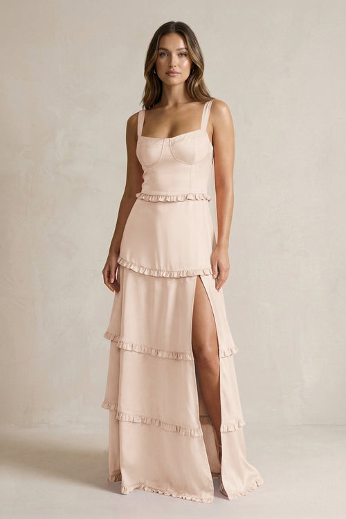 Tiered Ruffled A - Line Bridesmaid Dress With Slit in Buttercream - KissProm Bridesmaid Dresses