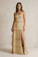 Tiered Ruffled A - Line Bridesmaid Dress With Slit in Champagne - KissProm Bridesmaid Dresses