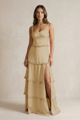 Tiered Ruffled A - Line Bridesmaid Dress With Slit in Champagne - KissProm Bridesmaid Dresses