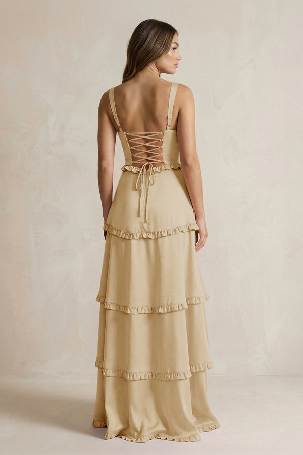 Tiered Ruffled A - Line Bridesmaid Dress With Slit in Champagne - KissProm Bridesmaid Dresses