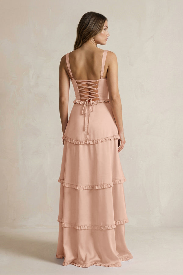 Tiered Ruffled A - Line Bridesmaid Dress With Slit in Champagne Rose - KissProm Bridesmaid Dresses